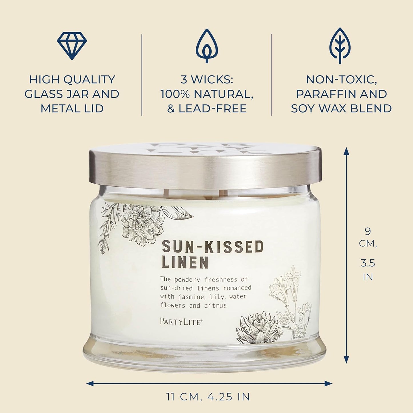 PartyLite Sun-Kissed Linen Scented, Notes of Jasmine Musk, Lily & Citrus, 13.2oz 3-Wick Jar Candle, 45 Hour Burn Time, Luxurious Fragrance, Ideal for Gifting