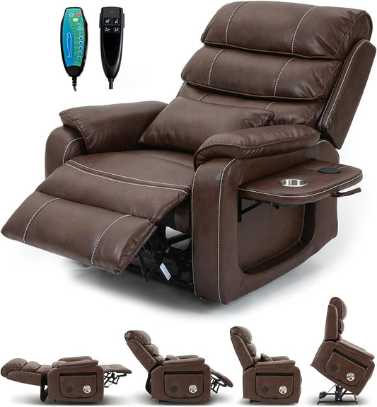 Lazy Boy Recliner Chair with Heating, Power Lift Recliner Chair for Elderly with Folding Tablet, Lay Flat Recliner with Dual Motor Adjustable Backrest and Leg Rests, Leather Brown1, RXX-028