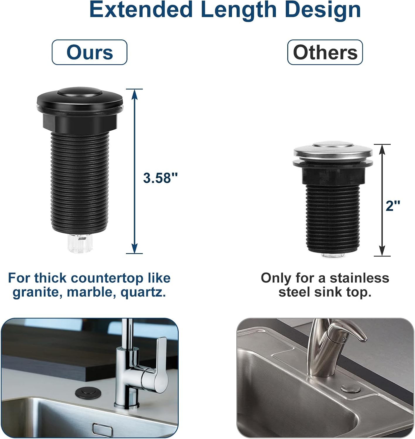 Air Switch Kit for Garbage Disposal, UL Listed Sink Top Air Switch for Food Waste Disposal, 3.58” Extra Long Air Button (Black Stainless Steel)