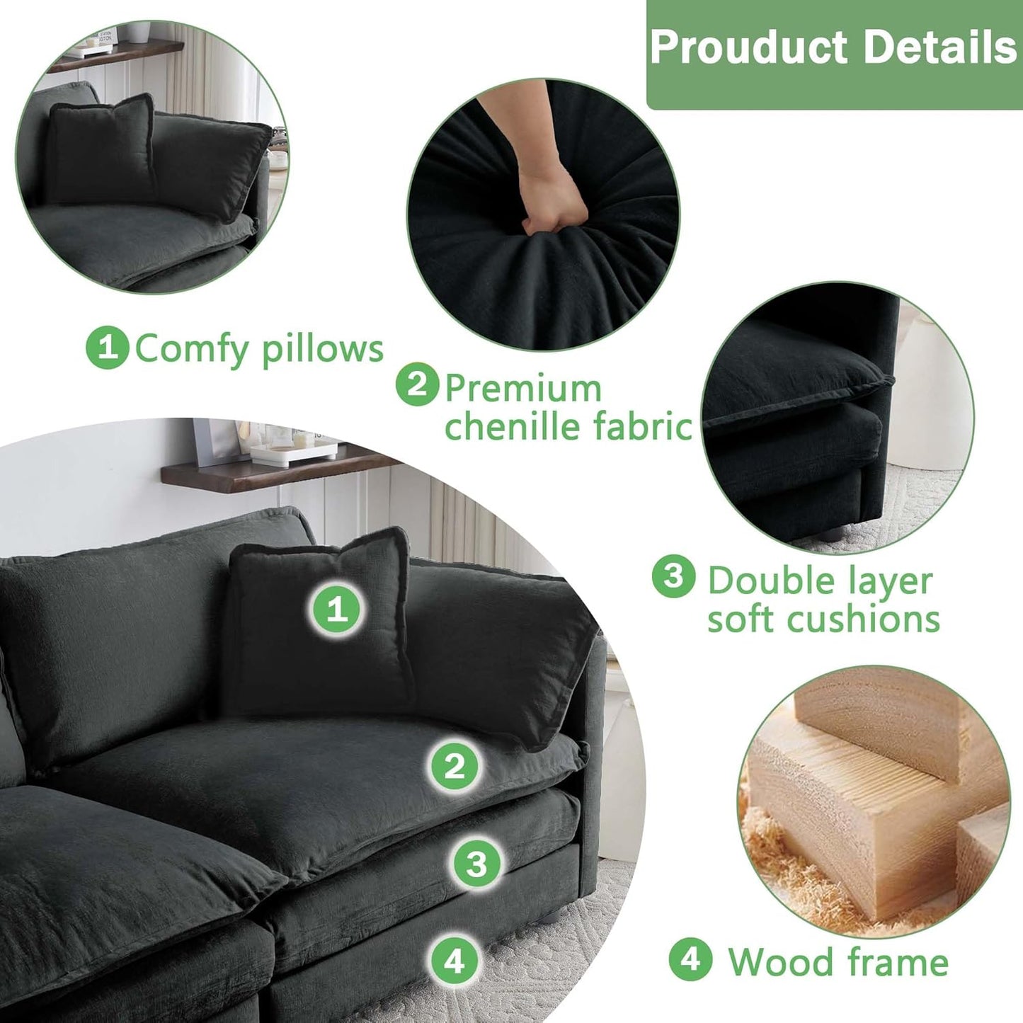 Sectional Sofa 2 Seater with Movable 1 Ottoman,Oversized Modular Couch Deep Seat (Black, 76.7 inch-L)