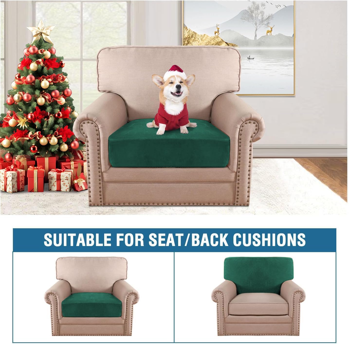 H.VERSAILTEX Velvet Stretch Couch Cushion Cover Plush Cushion Slipcover for Chair Cushion Furniture Protector Seat Cushion for Sofa Cover (1 Piece Armchair Cushion Covers, Vintage Green)