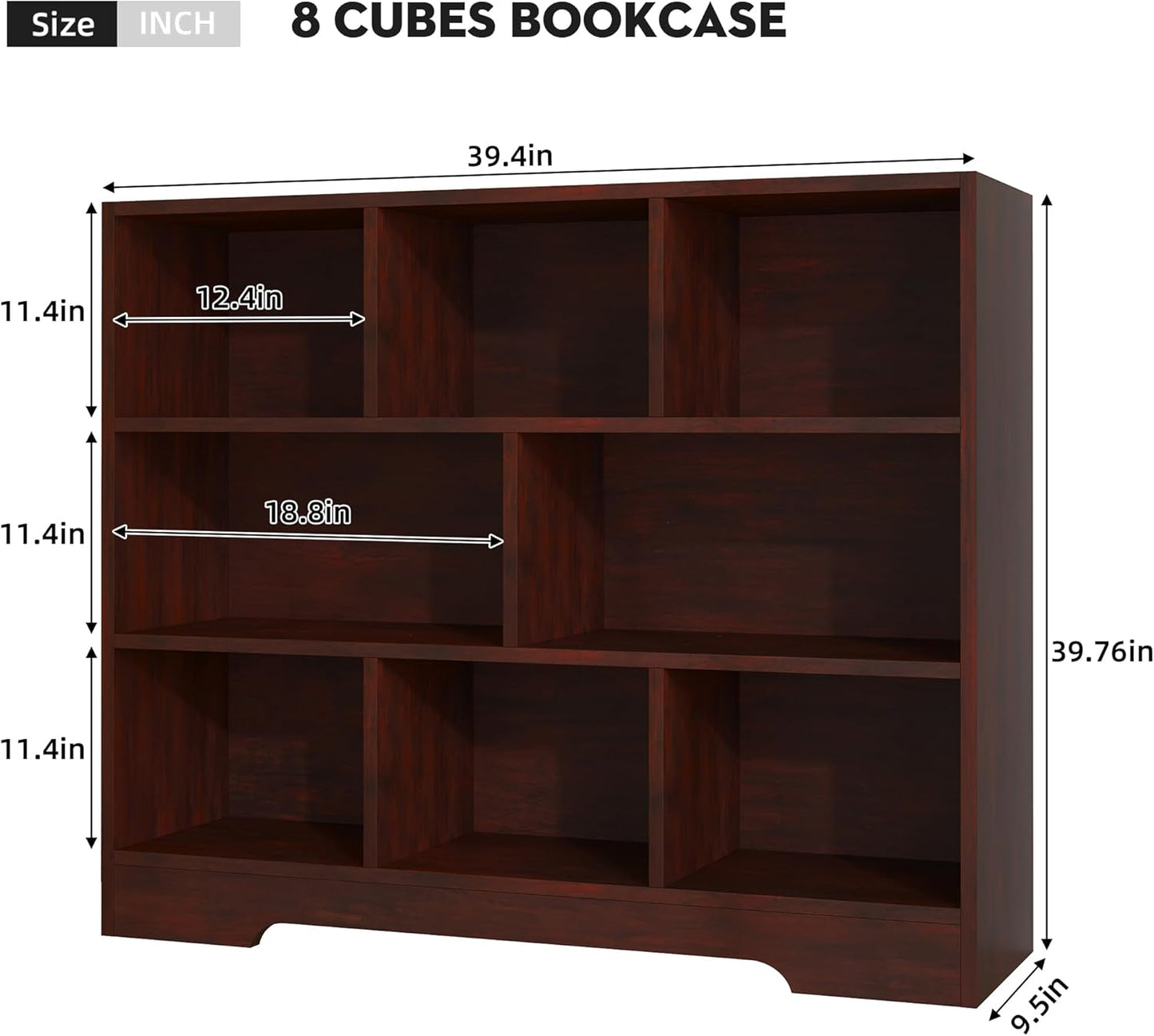 Book Shelf, 8 Cubes Storage Organizer, 3-Tier Open Shelf Wooden Bookcase, Freestanding Cherry Bookshelf Cube Shelf for Bedroom, Living Room, Home Office