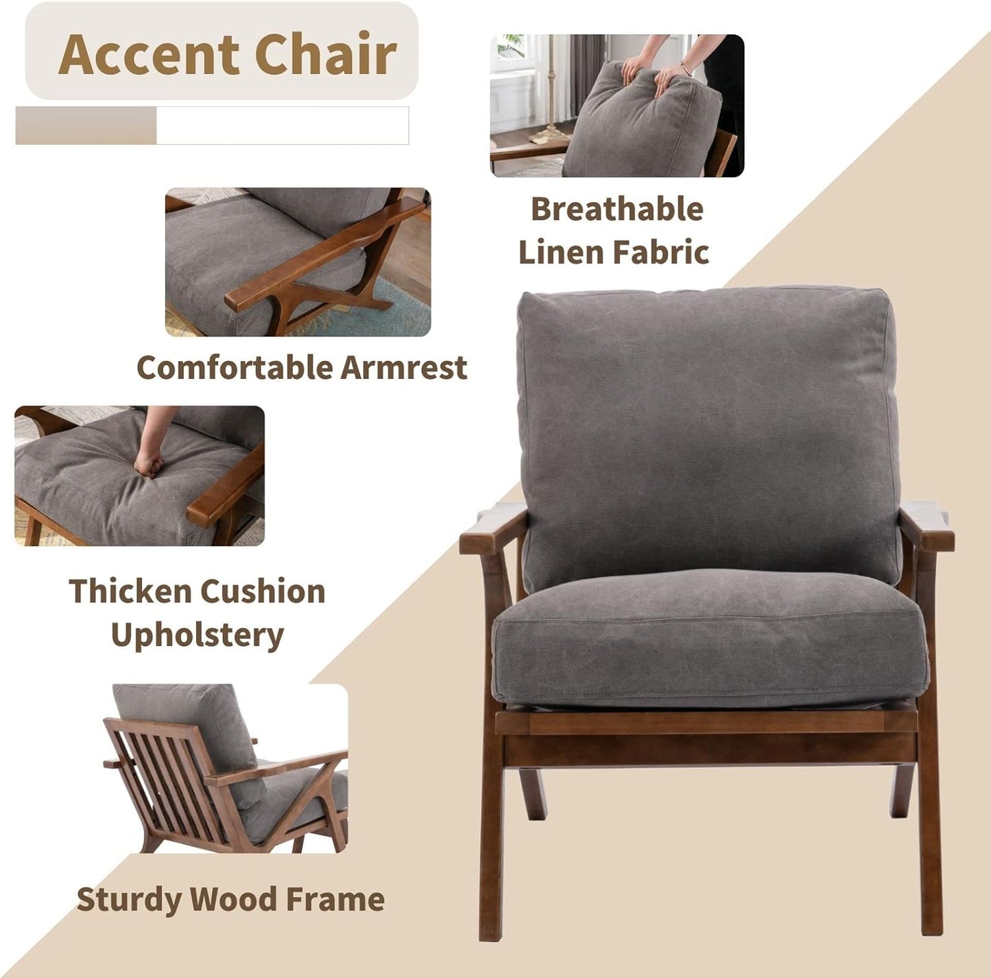 HNY Set of 2 Mid Century Accent Chair, Upholstered Armchair with Wood Frame and Canvas Cushions, Leisure Reading Chair Slipper Chair for Living Room, Bedroom, Gray