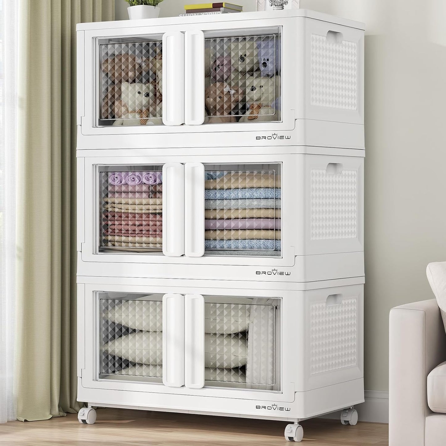 300Qt Stackable Storage Bins with Lids, 75Gal Closet Organizers and Storage Drawer, Plastic Collapsible Storage Bins with Doors, Heavy Duty Store Box Cabinet for Home Kitchen, 3Pack White