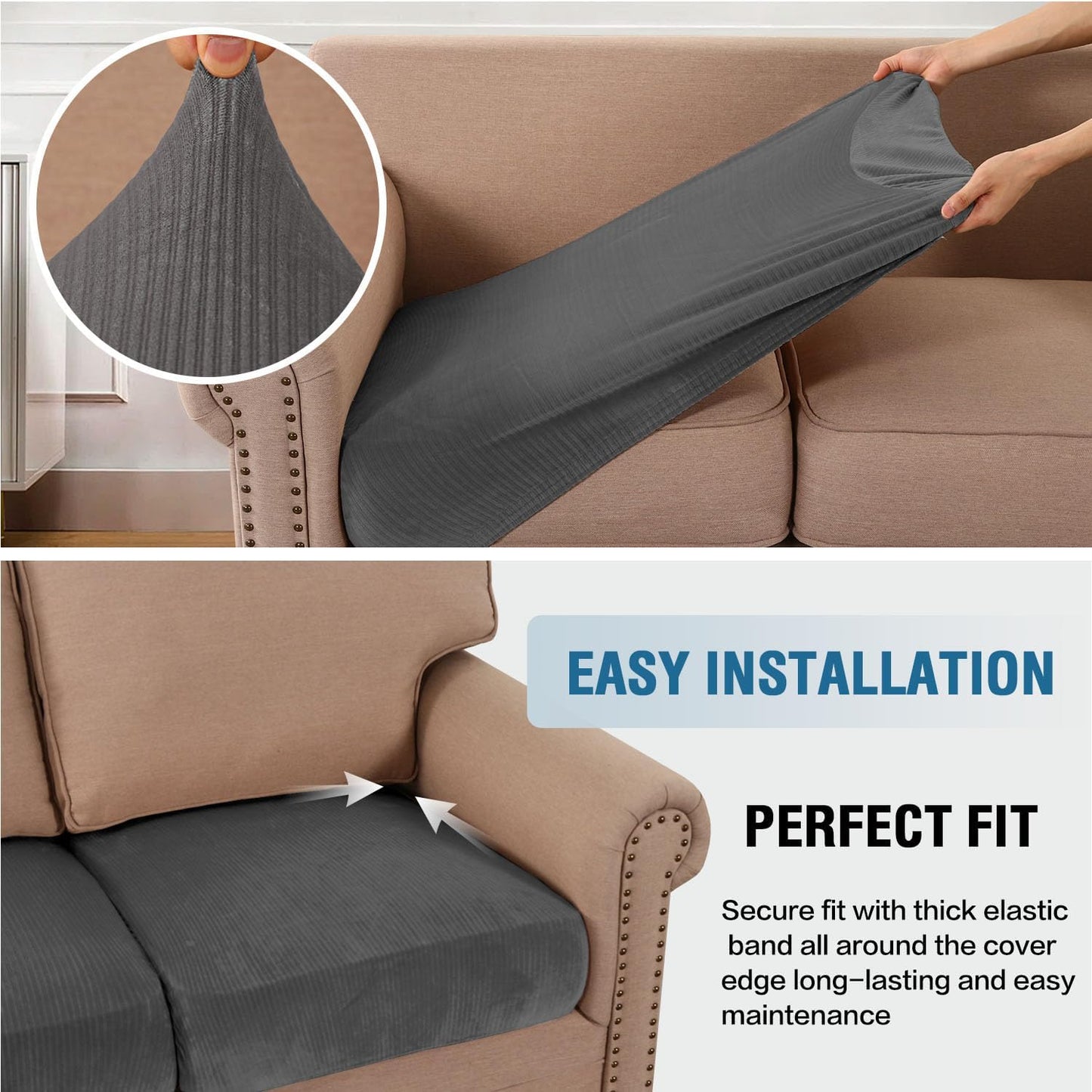 H.VERSAILTEX Velvet Stretch Couch Cushion Cover Plush Cushion Slipcover for Chair Loveseat Sofa Cushion Furniture Protector Seat Cushion Sofa Cover (2 Piece Large Sofa Cushion Covers, Grey Striped)