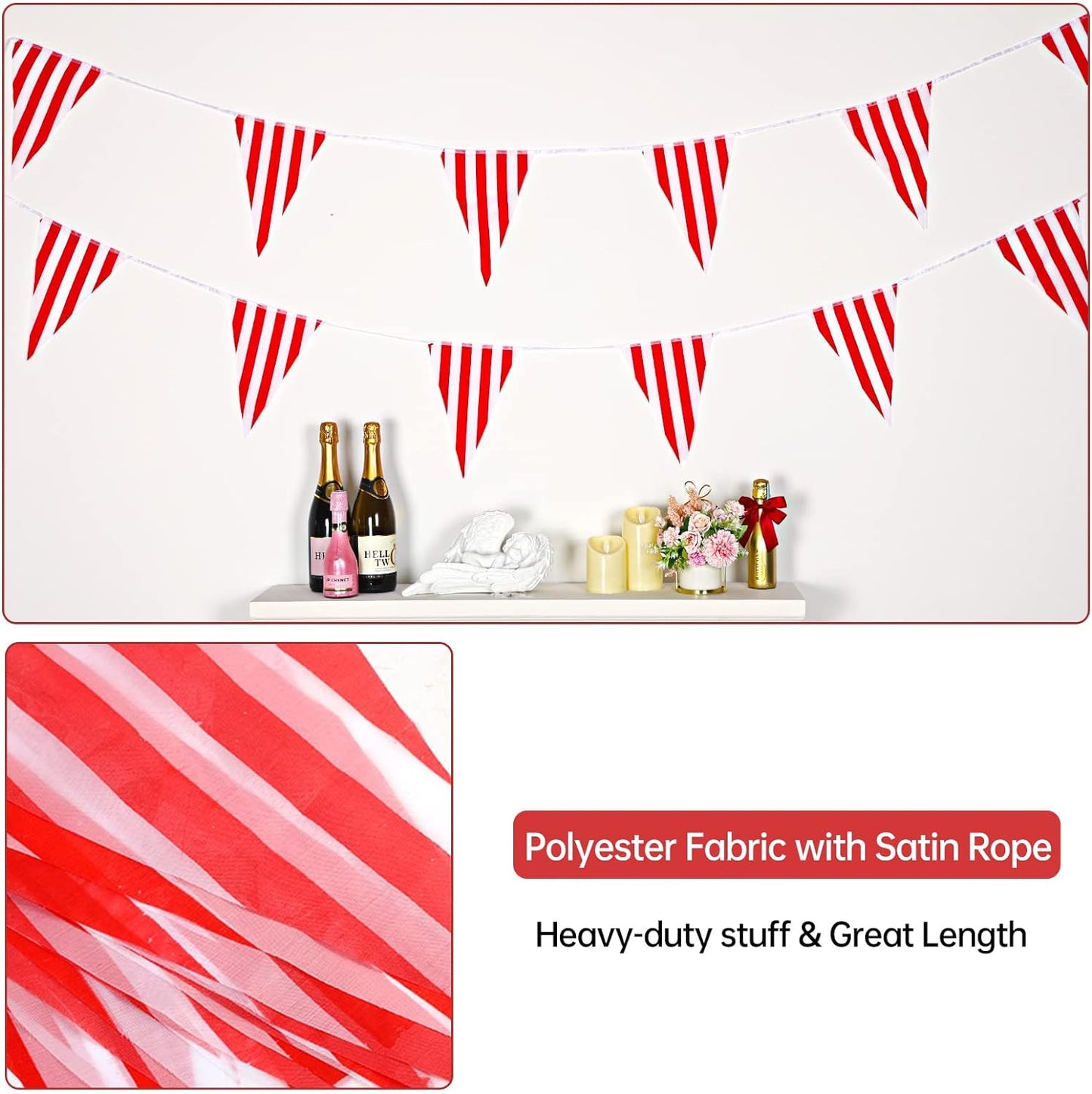 RUBFAC 170ft 120pcs Red and White Striped Pennant Banner, Carnival Circus Decorations Supplies, String Triangle Bunting Flags, Kids Birthday, New Year Eve Celebration Supplies