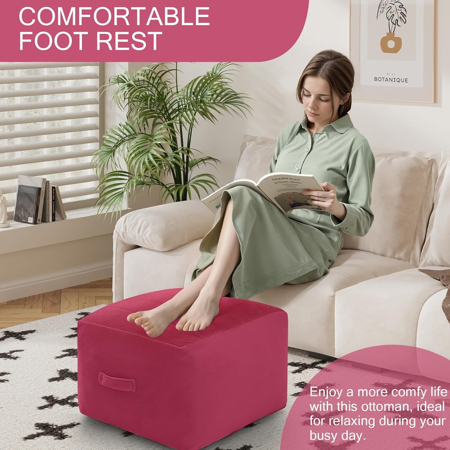 MeMoreCool Square Stuffed Pouf Ottoman Foot Rest, Floor Pouf Foot Stool with Foam Chunk Filling, Soft Stuffed Ottoman Footrest for Living Room