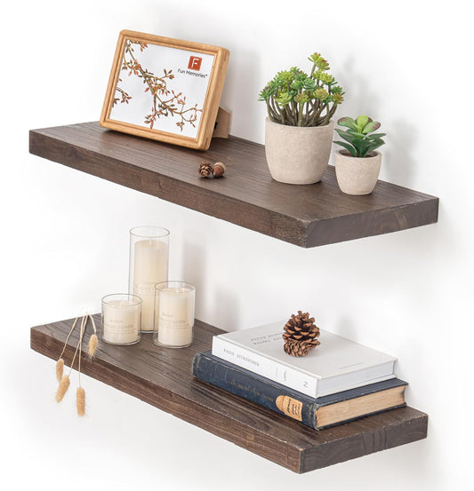 Fun Memories Floating Shelves for Wall, 24"x9.3" Rustic Solid Elm Wood Shelves, Heavy-Duty Wall Mounted Shelves with Invisible Brackets, Set of 2 for Living Room, Bedroom, Kitchen, Walnut Finish