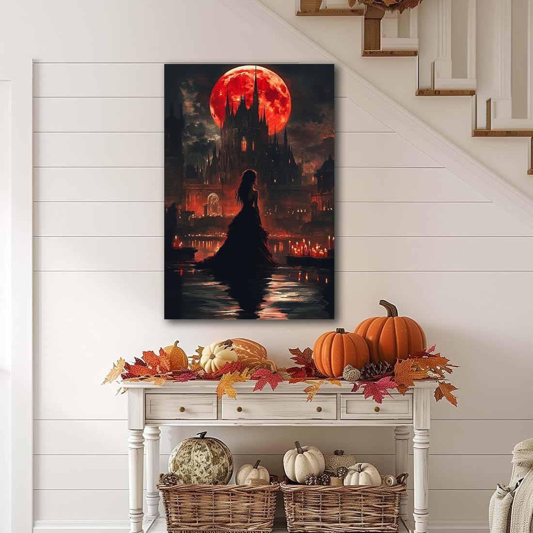 Halloween Witch Poster Canvas Prints Art Vintage Decor,Red Castle Blood Moon and Witch Scene Gothic Painting,Rustic Dark Academia Wall Art for Bathroom Spooky Living Room Wall Decor,20"x30" Unframed