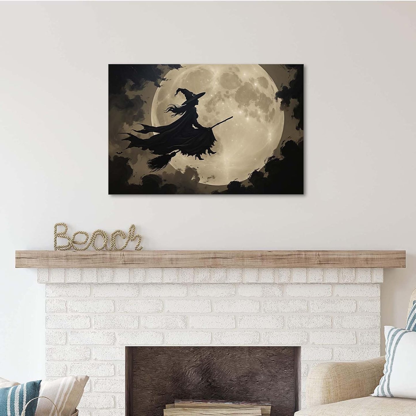 Full moon witch silhouette poster witch on magic broom Halloween mural poster decorative mural art suitable for home living room bedroom16x24in Wood Framed