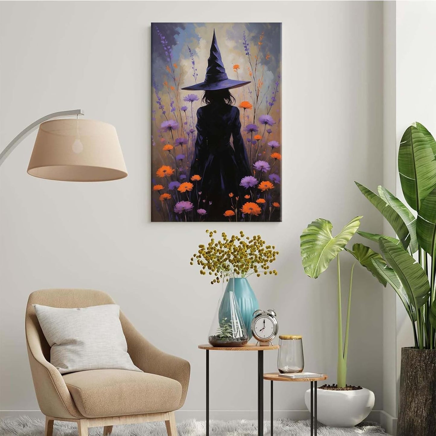 JFHCQJPK Country wildflower witch canvas print halloween mashup art witch purple decoration bohemian elegant art poster12x16in Frameless