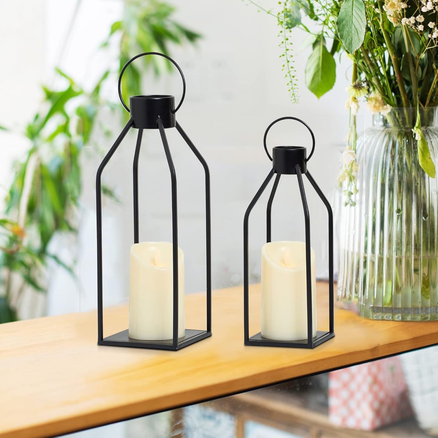 HPC Decor Modern Farmhouse Lanterrn Decor- Black Metal Candle for Summer Night- Lanterns w/Timer Flickering Candles for Living Room,Home,Indoor, Outdoor,Table,Fireplace Mantle Décor