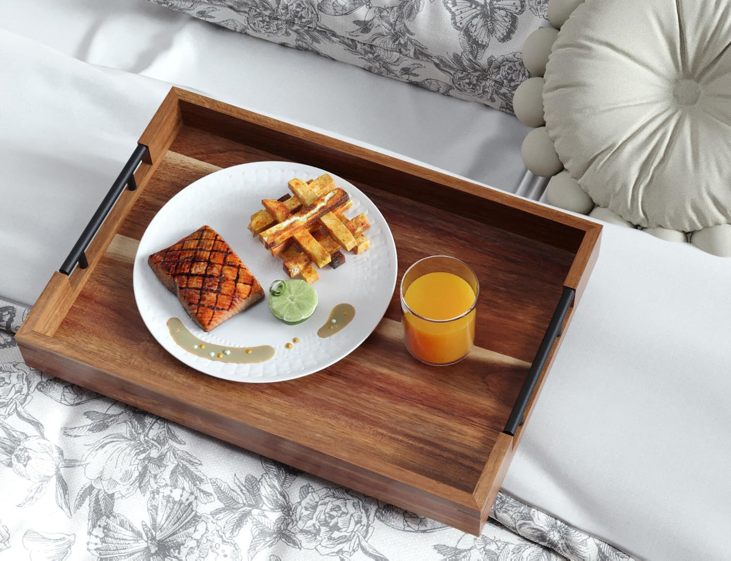 Acacia Wood Serving Tray with Metal Handles,17x12in Ottoman Decorative Trays Platter for Coffee Table,Living Room,Bar,Party(Large)