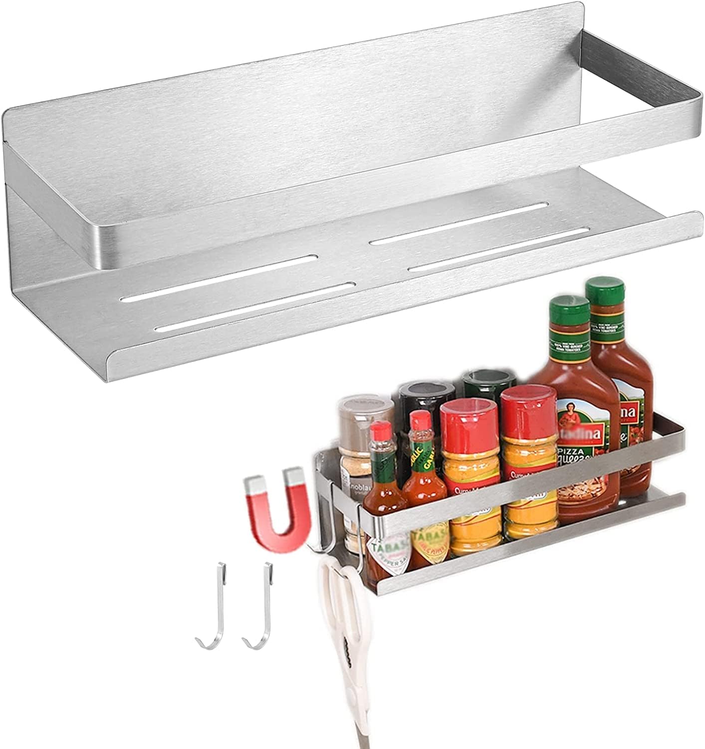 Magnetic Spice Rack for Refrigerator Spice Organizer, Strong Magnetic Shelf with 2 Removable Hooks Space Saver for Refrigerator and Microwave Oven, Metal Fridge Shelf(1 pack Silver)