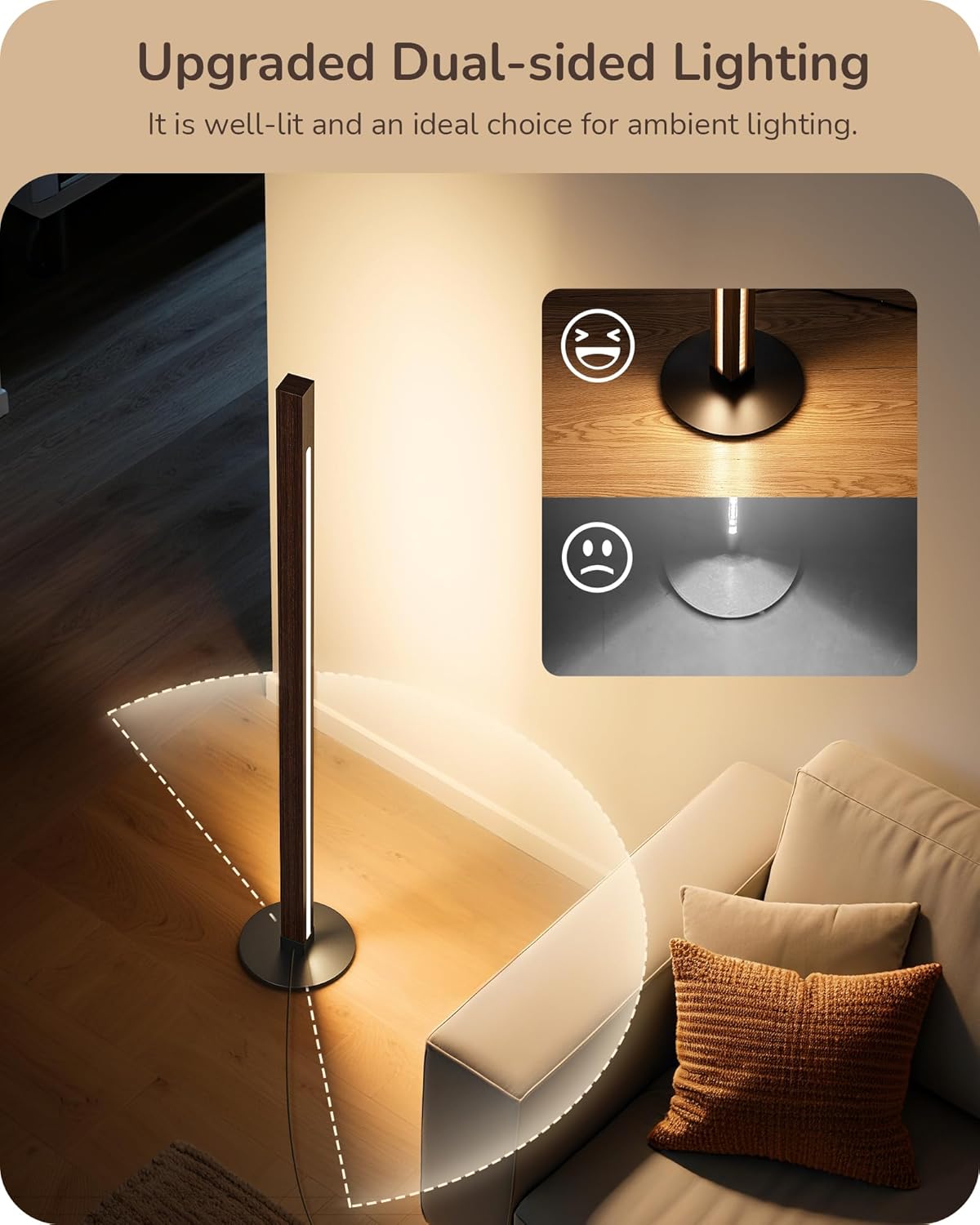 EDISHINE Floor Lamps for Living Room, Upgraded Dual-Sided Lighting, Wooden Corner Floor Lamp, LED Corner Lamp with Remote/Foot Control, 7CCT & Dimmable Standing Lamp for Bedroom, Office, Dark Walnut