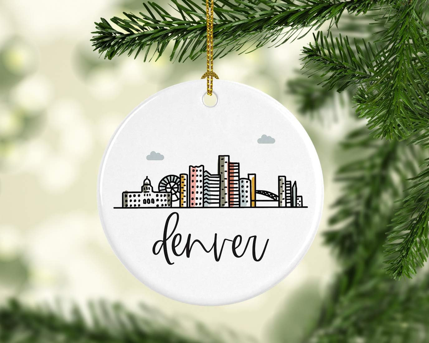 Andaz Press Round Ceramic Porcelain Christmas Tree Ornament Keepsake, Denver, Colorful City Skyline Graphic, 1-Pack, Birthday Gift Ideas Family Coworker Him Her, Includes Gift Box
