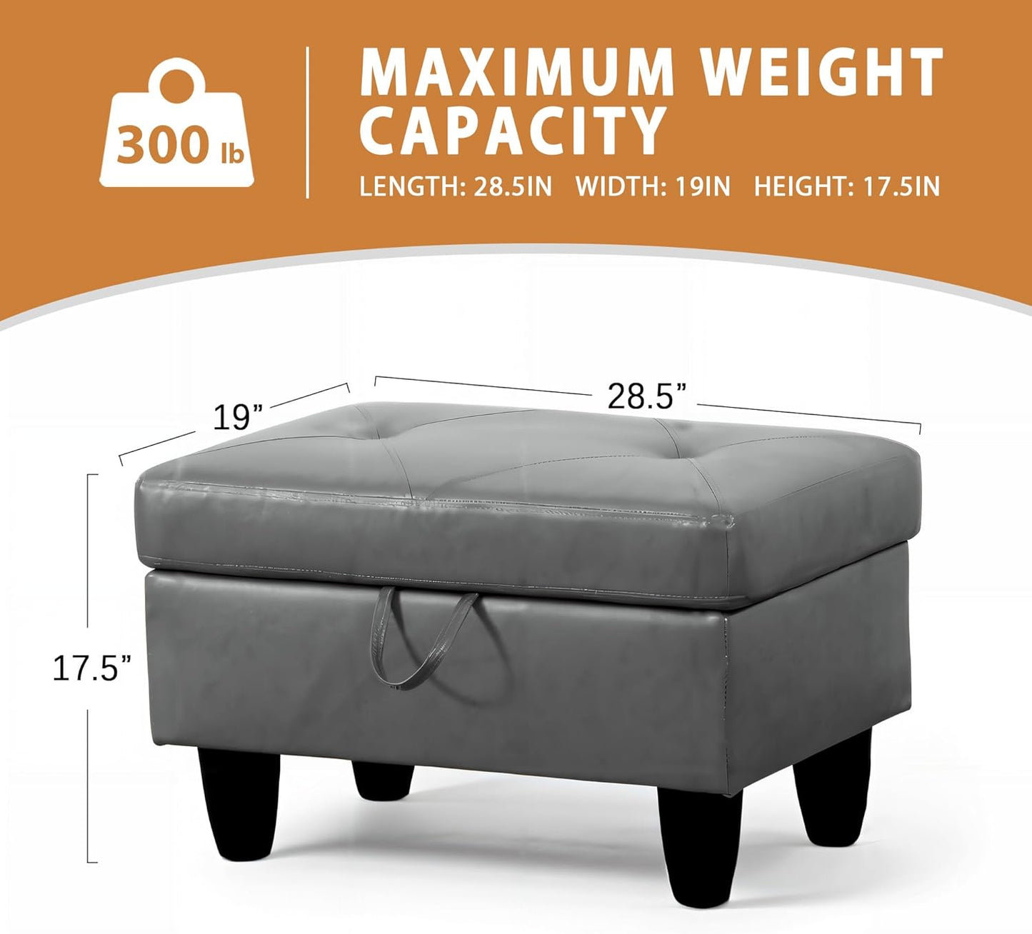 Ottoman Rectangular Storage Ottoman Bench, Faux Leather Footrest, Coffee Table, Stool Footstool with Hinged Lid for Living Room, Bedroom, Entryway, Gray, 28.5"x19"x17.5"