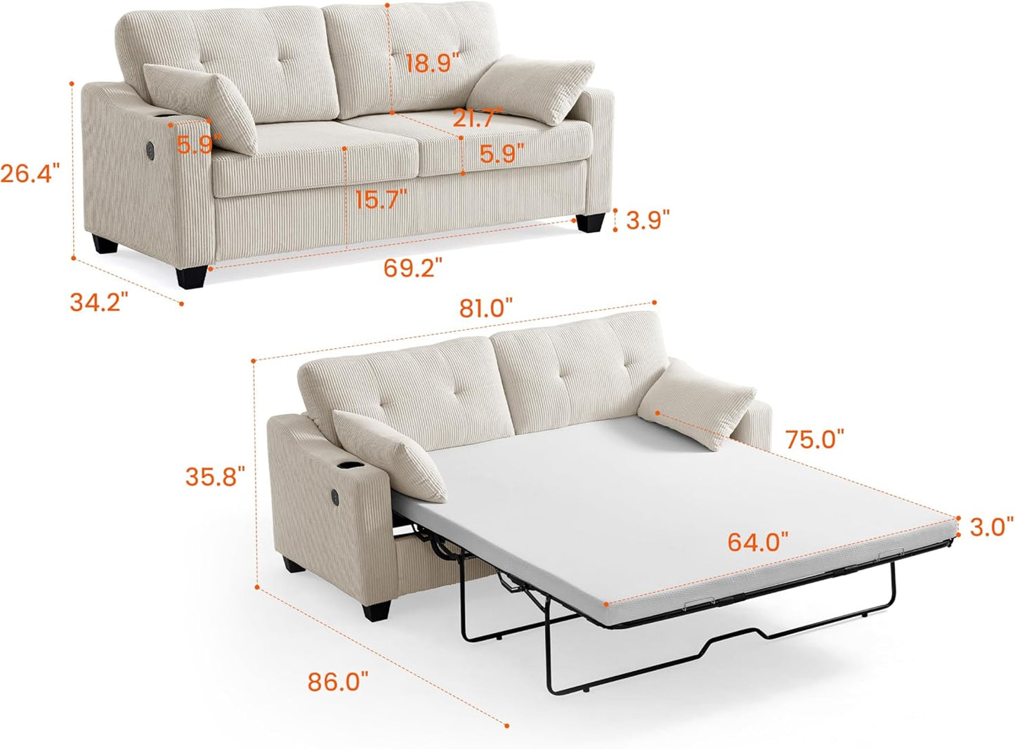 Pull Out Sofa Bed, Full Size Sleeper Sofa, 2-in-1 Convertible Corduroy Couch with USB Charging, Memory Form Couch for Living Room, Apartment and Small Space (Corduroy Beige, Queen Size)