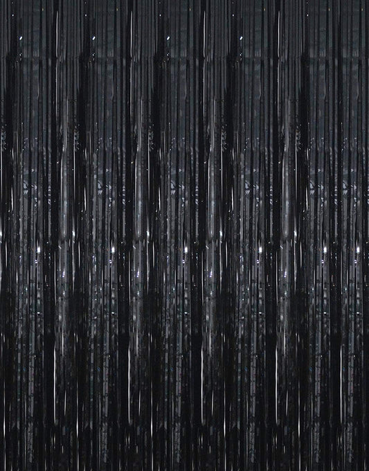 GOER 3.2 ft x 9.8 ft Black Photo Backdrop Party Streamers for Halloween,Birthday Party,1 Pack Black Metallic Tinsel Foil Fringe Curtains Party Decorations Wedding Decor