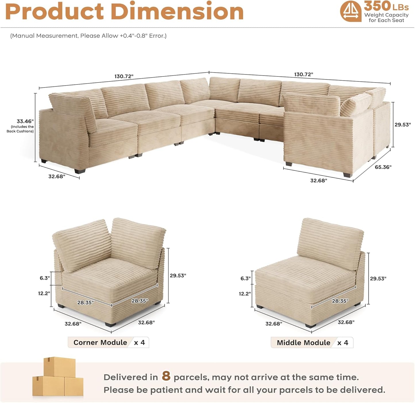 ovios Sectional Sofa Couch with U-Shape Chaise Oversized, Comfy Modular Cloud Couches with Deep Seat, Modern Upholstered Plush Corduroy Sofas Set for Living Room, 8-Seater, Beige