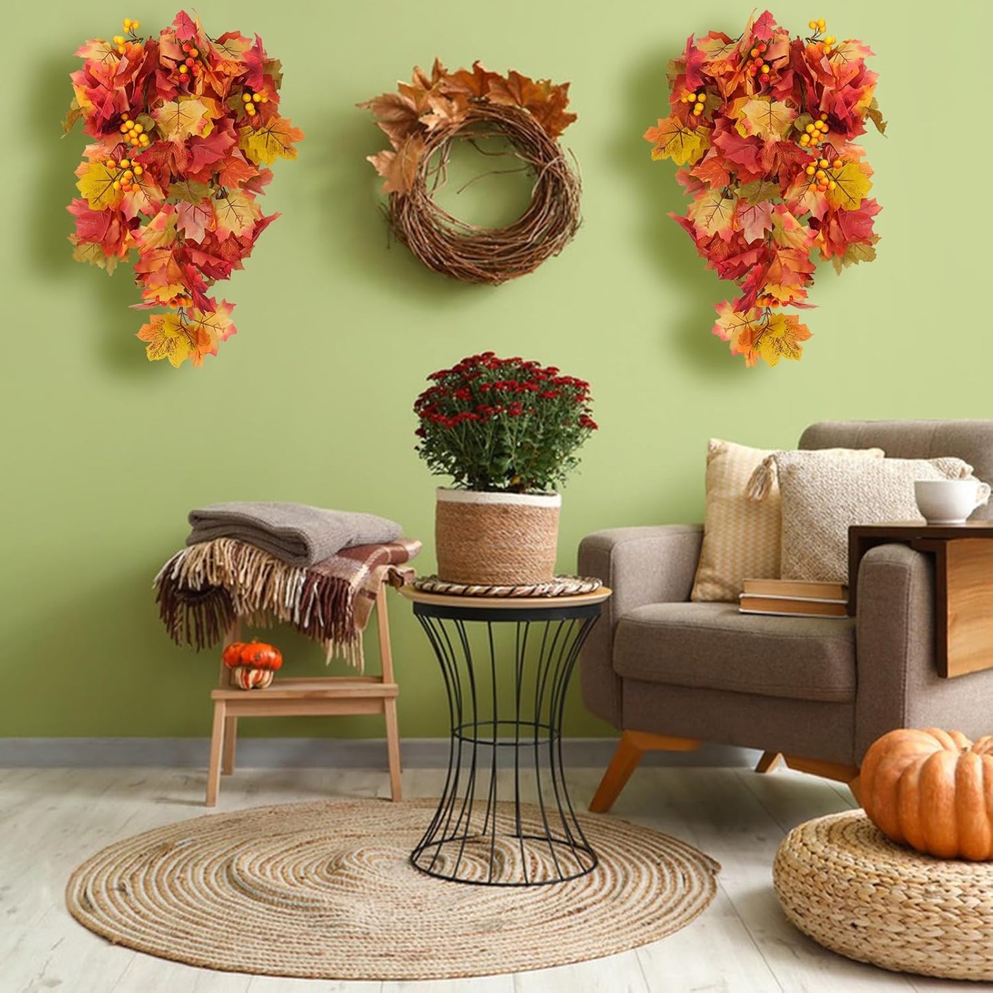 RECUTMS Fall Leaves Hanging Plant Artificial Fall Leaves Garland with Berry Fake Autumn Wall Hanging Leaf Vines for Home Halloween Party Door Frame Fireplace Decoration(Orange with Berry)