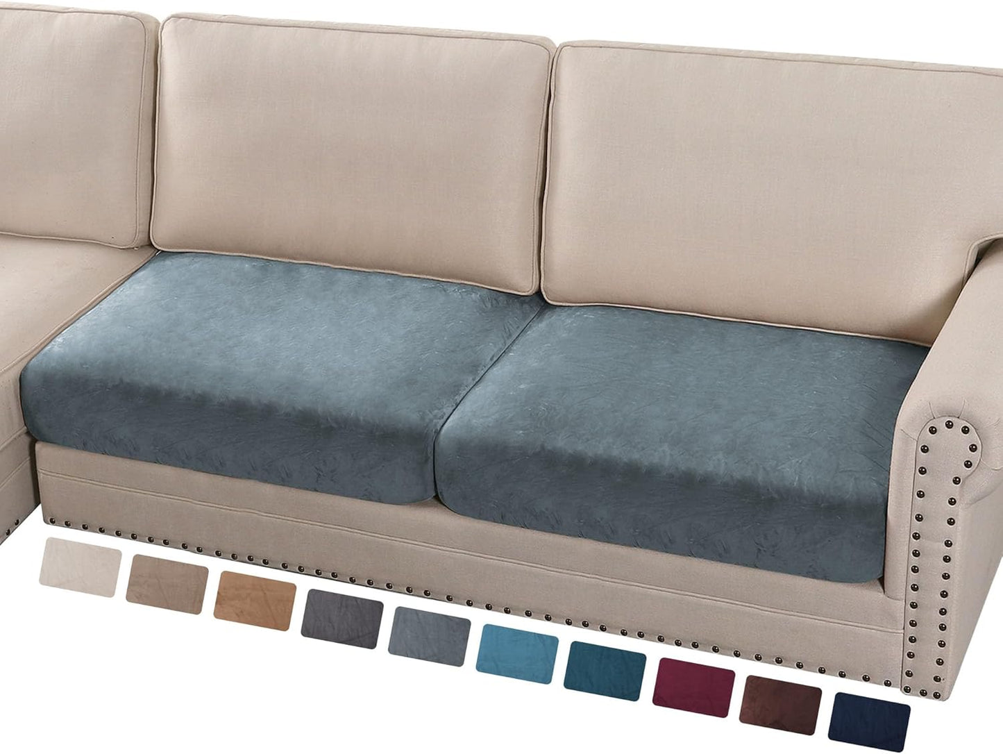 PrinceDeco Velvet Couch Cushion Cover Soft Stretch Cushion Slipcover for Chair Loveseat Sofa Cushion Furniture Protector Seat Cushion Sofa Cover (2 Piece Large Sofa Cushion Covers, Stone Blue)