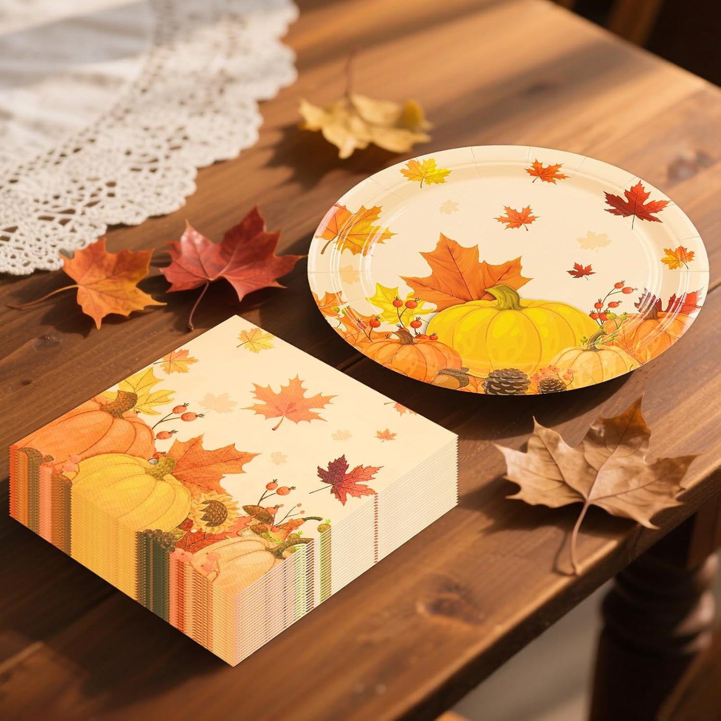 50PCS Fall Maple Leaves Paper Plates and Napkins - Thanksgiving Dessert Plates and Napkins Disposable Autumn Theme Party Supplies for Fall Thanksgiving Harvest Birthday