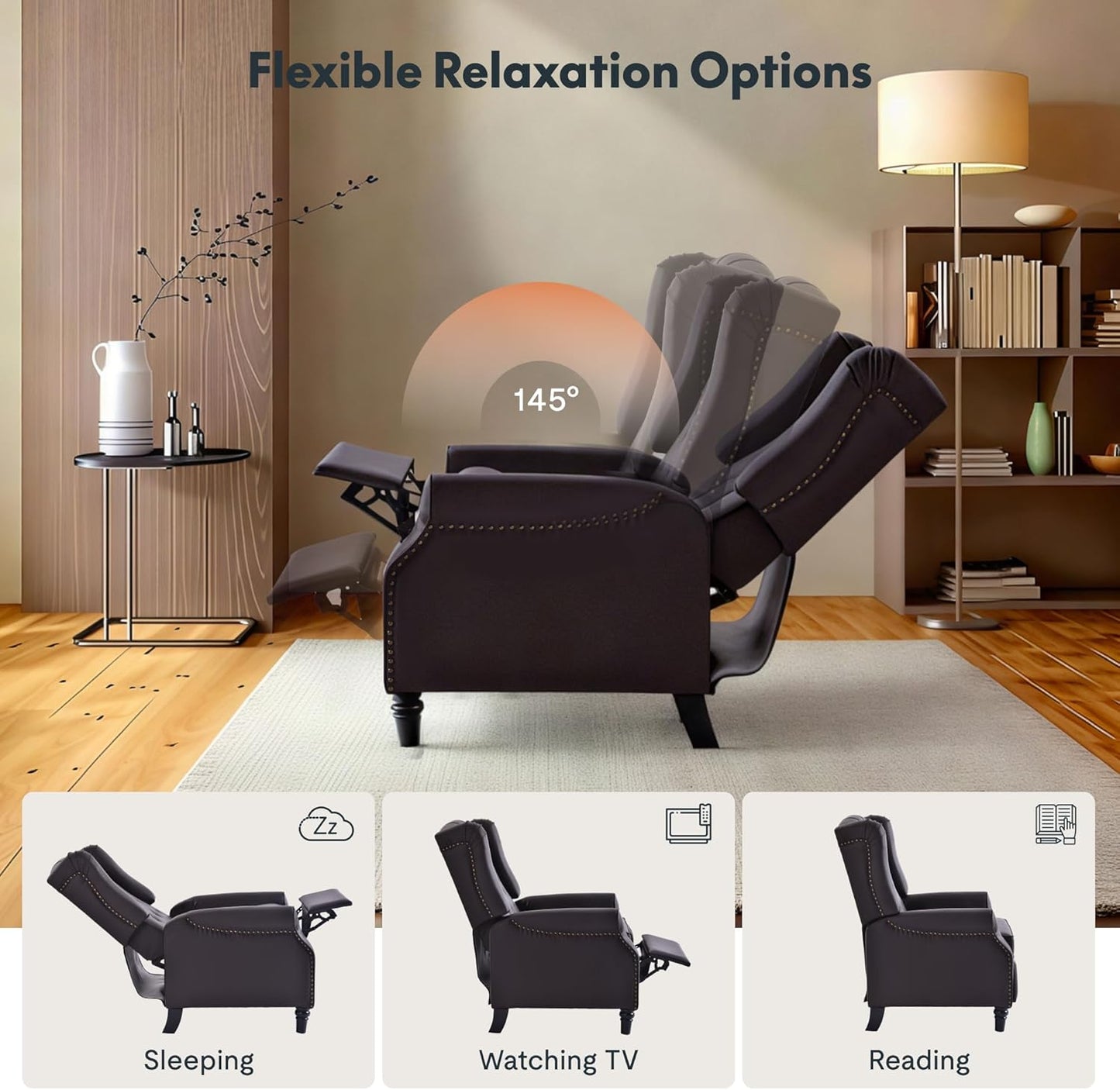 Softa Recliner Chair for Adults, Mid Century Wingback Pushback Accent Chair with Rivet Decoration, Tufted Upholstered Single Sofa Armchair for Living Room, Bedroom, Study (PU, Brown)