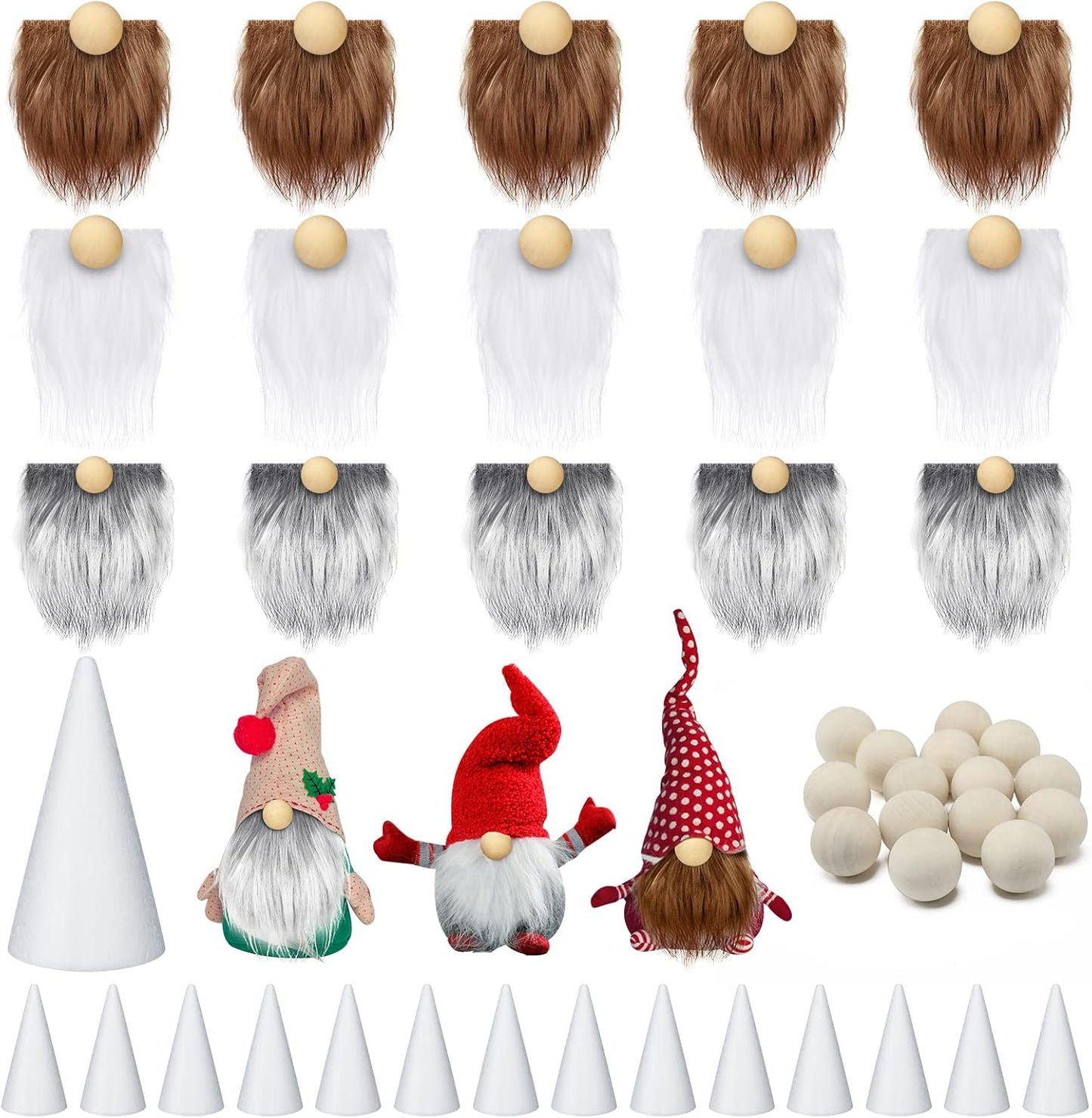 Sosation 60 Pcs Gnomes Beard Sets Faux Fur Pre Cut Gnomes Beard Foam Cone Foam Handmade Wood Balls for Halloween Christmas Day Crafts(Grey, Brown, White)