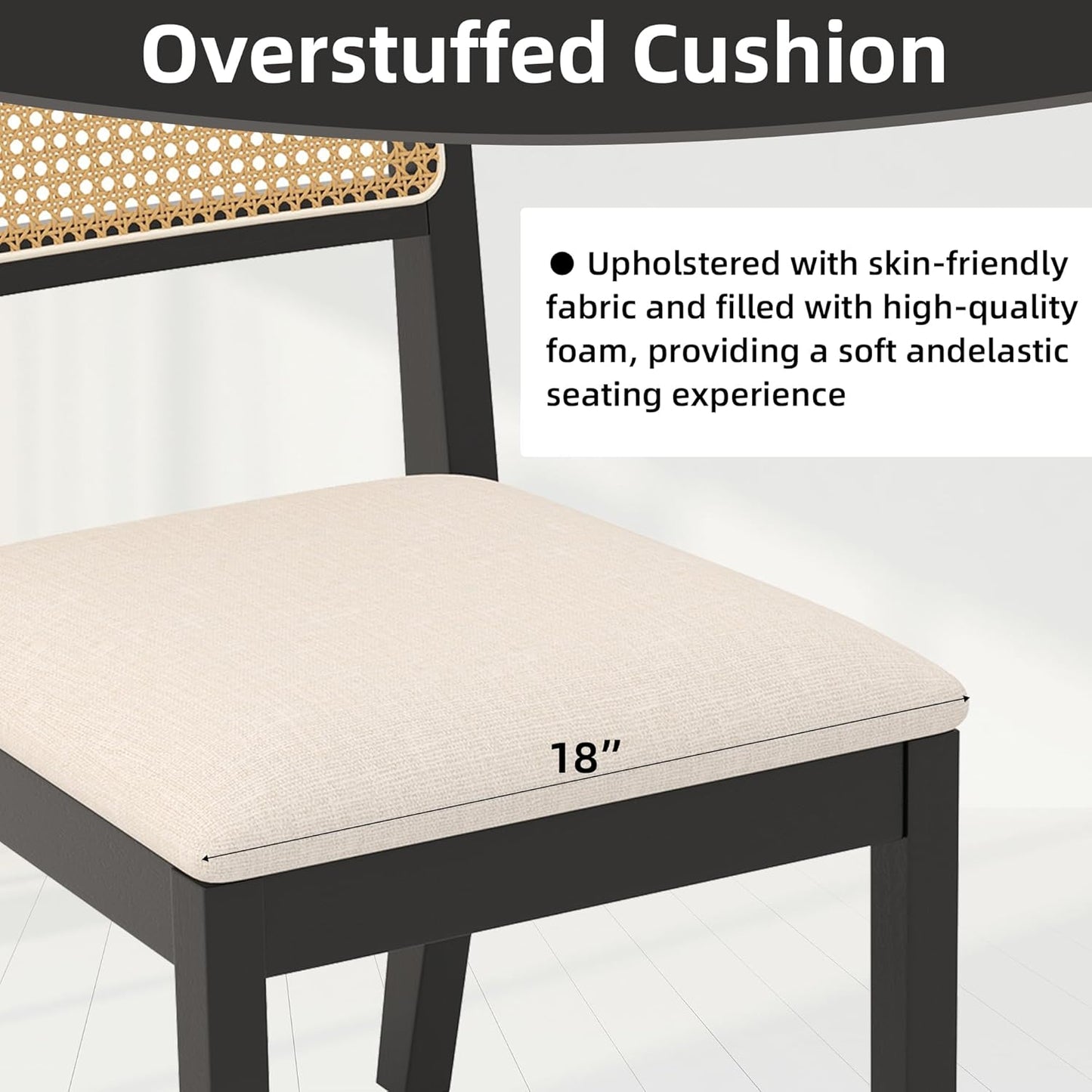 Westice Rattan Dining Chairs Set of 4, Farmhouse Natural Dining Room Chairs with Upholstered Cushion, Wood Armless Chairs for Kitchen/Restaurant, Black