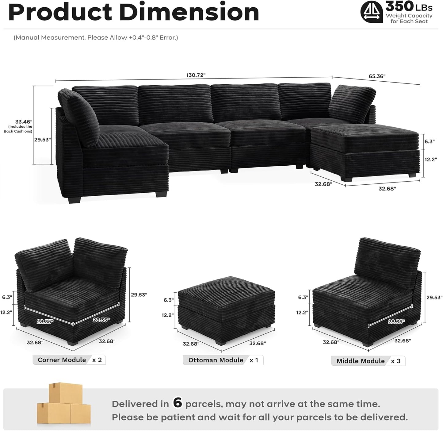 ovios Sectional Sofa Couch with U-Shape Chaise Sofa Bed, Comfy Modular Cloud Couches with Deep Seat, Modern Upholstered Plush Corduroy Sofas Set for Living Room, 6-Seater, Black