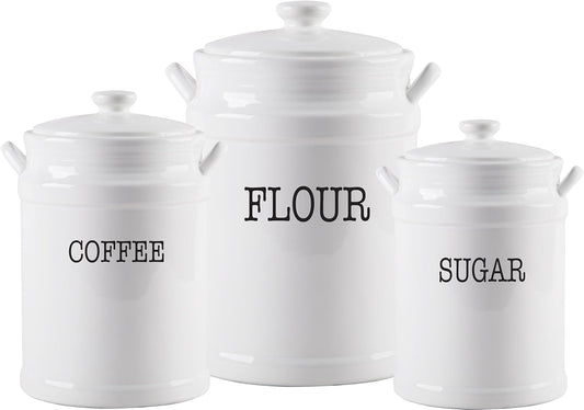 Ceramic Canister Set with Airtight Lids - 3-Piece Kitchen Storage for Flour, Sugar, Coffee, Tea & Spices - Modern Countertop Decor