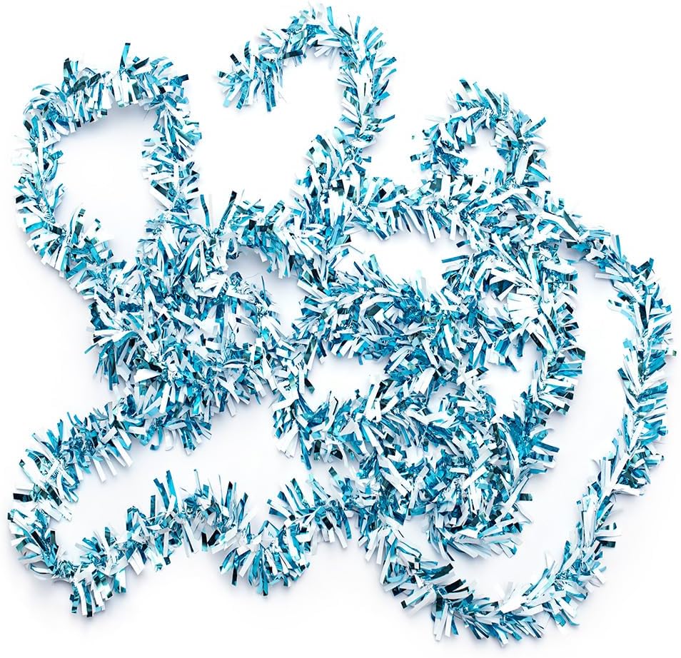 Anderson's Light Blue & White Sparkle Glitter Metallic Tinsel Twist for Trailer Or Golf Cart, 4 inches Wide x 25 ft Long, Christmas, Patriotic and Holiday Garland Decor for Parties and Parades