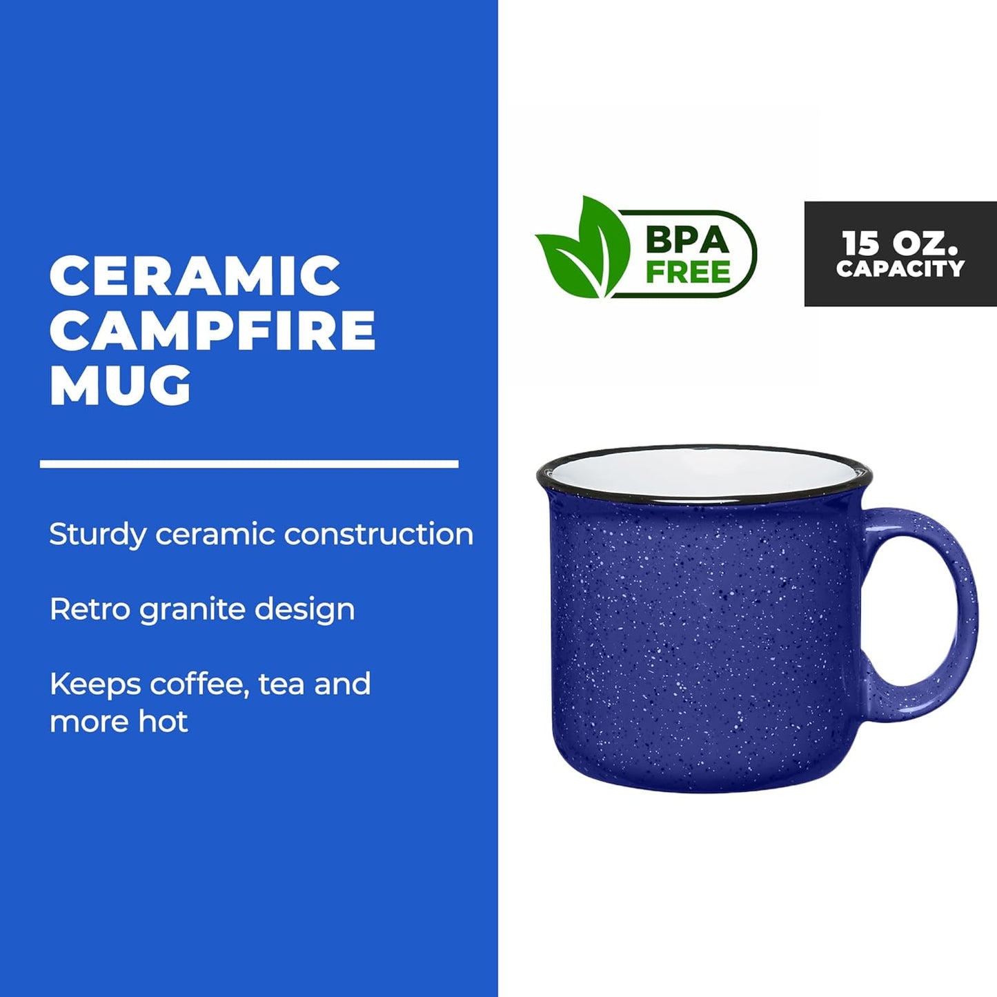 Set of 16 Ceramic Campfire Mugs – 15 Oz, Cobalt Blue – Coffee & Tea Cups for Home, Work, Travel, Camping – Customizable, Great for DIY, Events, Companies
