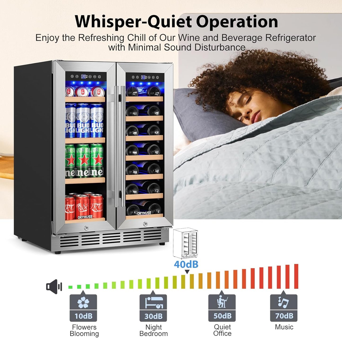 24 Inch Dual Zone Wine and Beverage Refrigerator, Built-in or Freestanding Cooler with French Doors, Drink Fridge with Upgraded Compressor for Beer, Wine, and Soda