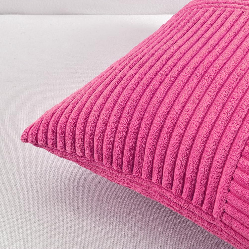 Fancy Homi 2 Packs Hot Pink Long Lumbar Decorative Throw Pillow Covers 12x24 Inch for Couch Bed Sofa, Rustic Farmhouse Boho Home Decor, Soft Striped Corduroy Rectangle Accent Cushion Case 30x60 cm