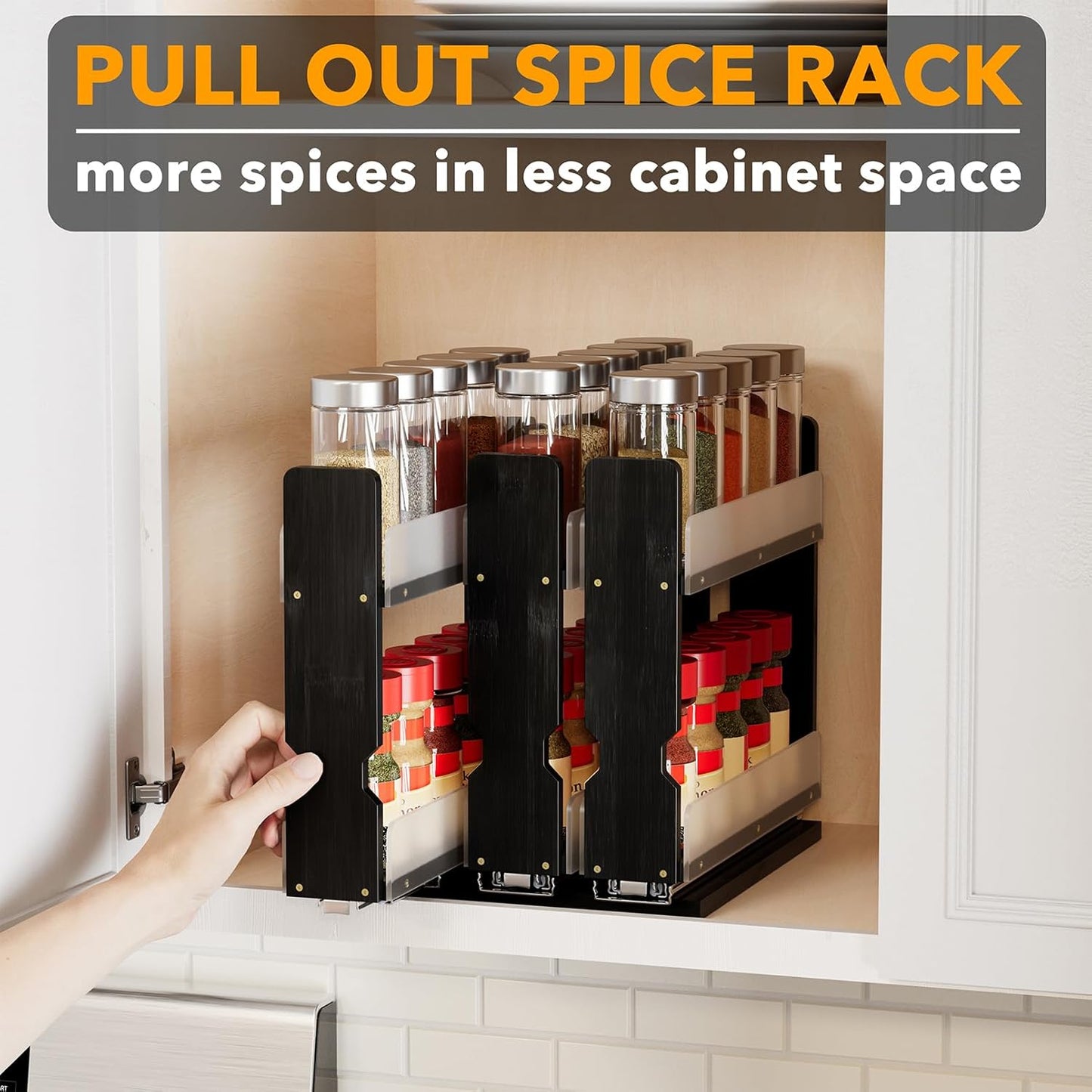 SpaceAid Bamboo Pull Out Spice Rack Organizer for Cabinet, Heavy Duty Slide Out Seasoning Kitchen Pantry Sliding Vertical Organization, 7.6" Wide, 3 Drawers(2" Wide), 2-Tier, Black