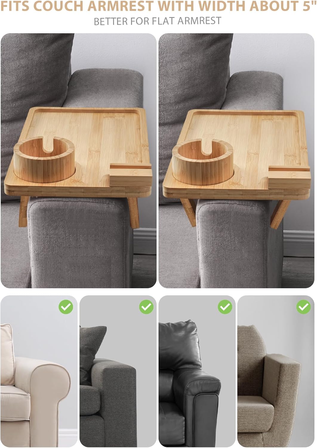 Sofa Arm Tray, Bamboo Large Couch Cup Holder, Portable Anti-Spill Sofa Armrest Tray for Beverage, Snacks, Phone, Remotes