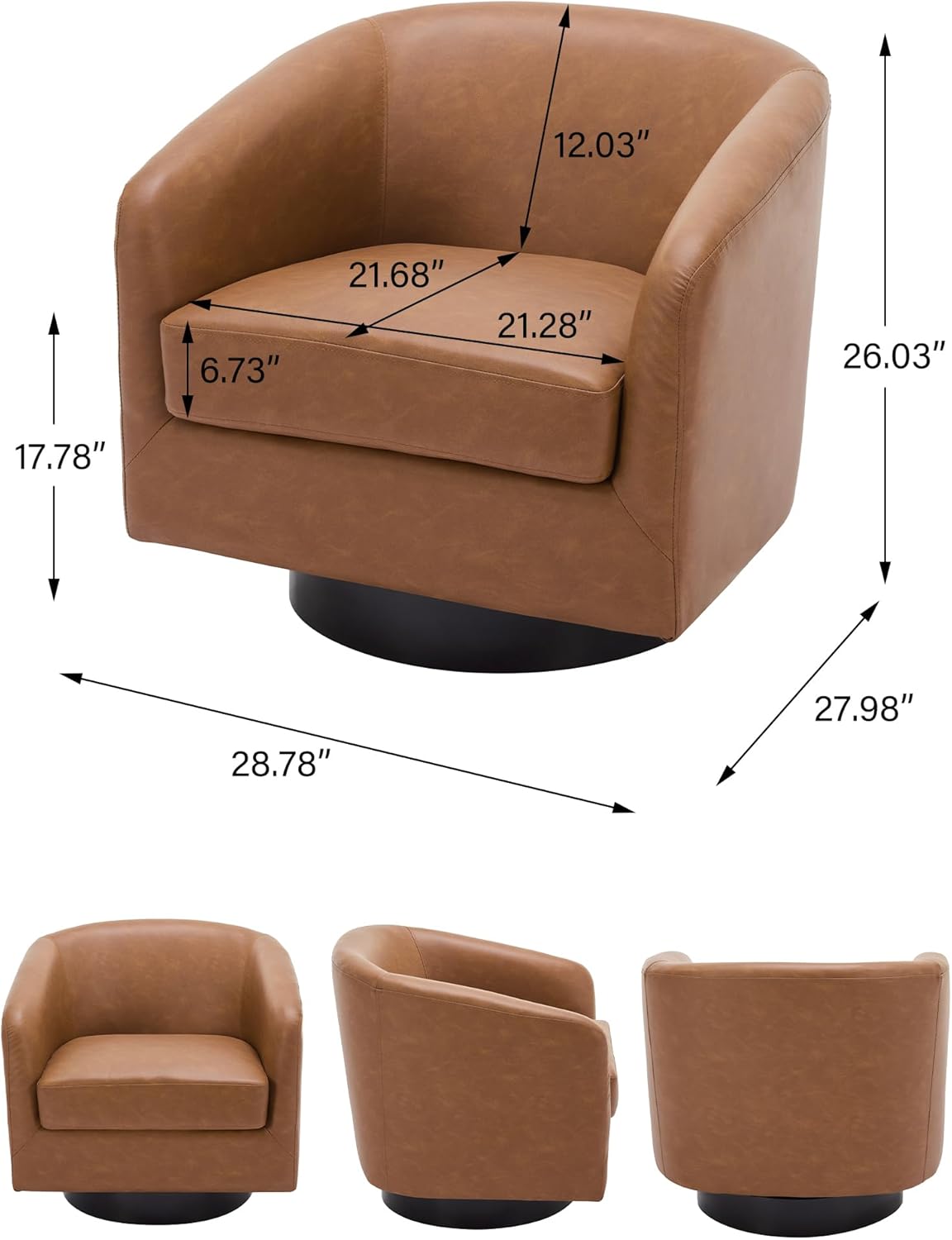 Swivel Barrel Accent Chair, Modern Round Faux Leather Arm Chair for Living Room, Bedroom, Comfy Club Reading Chairs for Adults, Faux Leather Brown, Set of 2