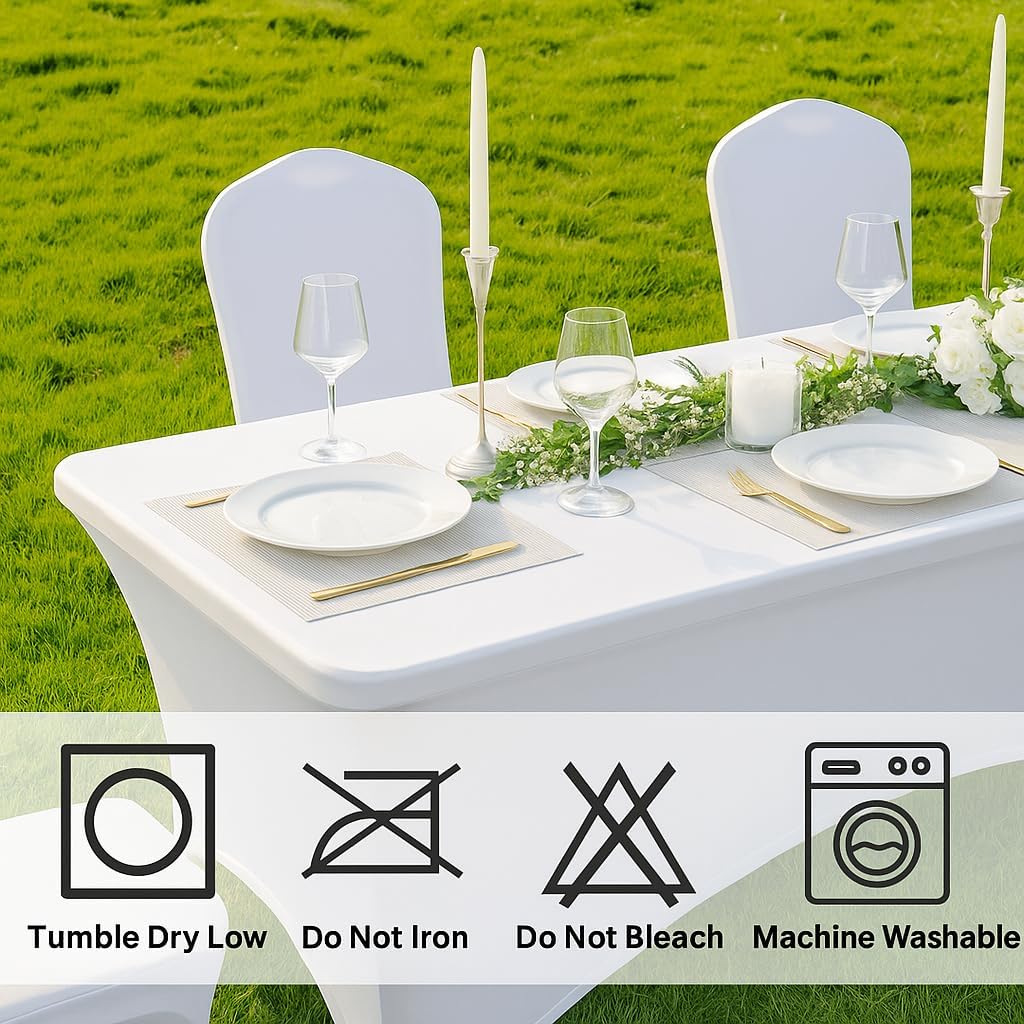 Craft And Party 6 Pack 8ft White Spandex Tablecloth – Fitted Stretch Cover – Universal Fit for Folding Tables – Wrinkle-Free, Washable – Ideal for Parties, Weddings, Events