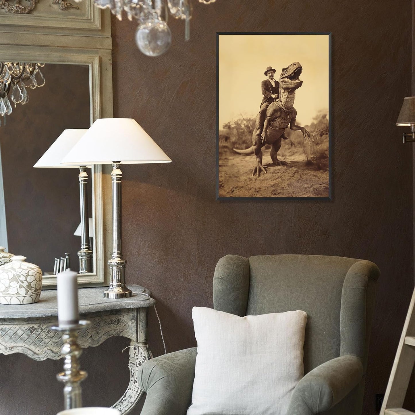 Goth Decor Antiqued Wicca Art Poster Dark Academy Dinosaur And Cowboy Canvas Wall Art Horror Posters Spooky Indoor Art Family Bedroom Office Space Decor 24X36inch Aluminum Framed