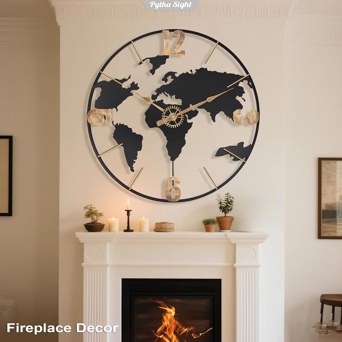 22 Inch Large Wall Clock,Modern Decorative Big World Map with Vintage Gold Arabic Numeral Extra Giant Metal Oversized Wall Clocks for Living Room,Office,Kitchen,Dining Room,Bedroom