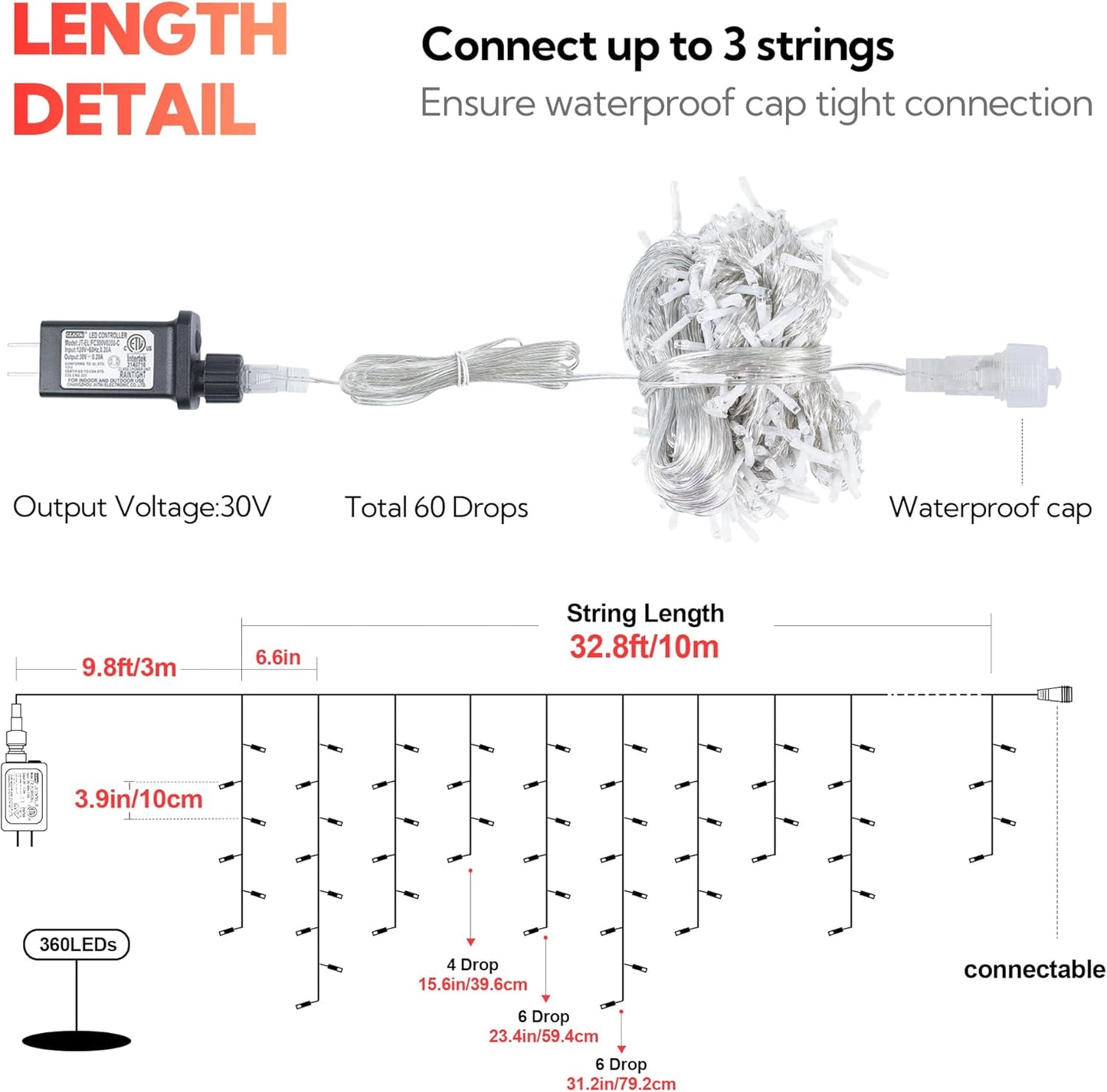 Hopolon 33FT 360L LED Icicle String Lights - Outdoor, Waterproof, 8 Modes, With 60 Drops - Curtain Lights for Indoor/Outdoor Decorations (Red)