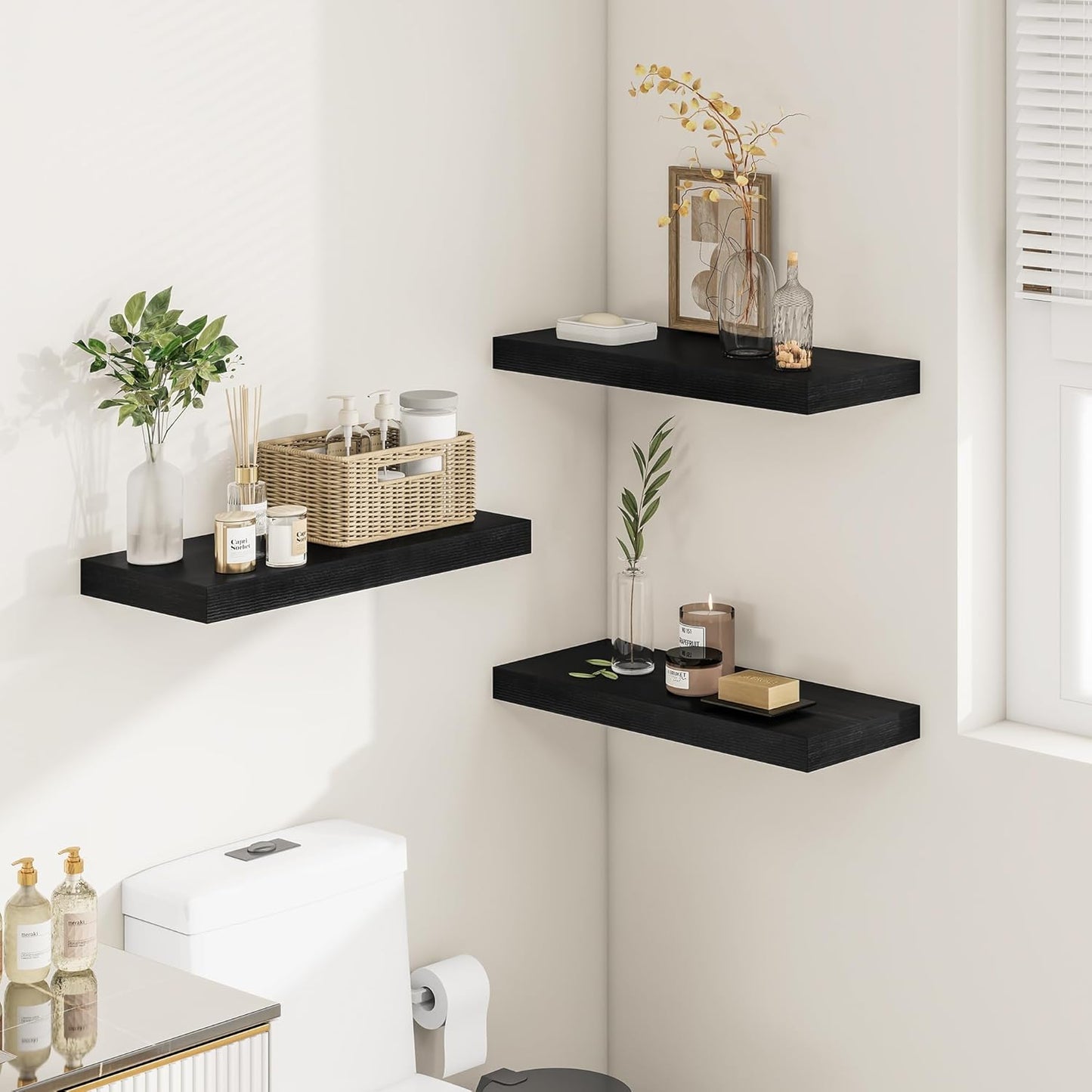 Black Floating Shelves for Wall 24 Inches Long, 12" Deep Wall Shelves 2" Thick, Heavy Duty Shelf for Bedroom, Bathroom, Living Room, Kitchen, Office, Home Decor, Modern Shelf Set of 2, 24" X 12" X 2"