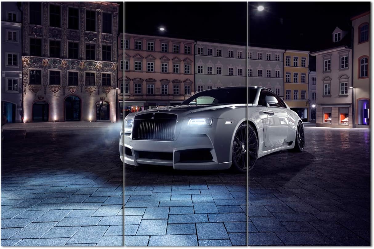 Wall Art Painting 3 Piece Cityscape and White Supercar Painting Pictures Print On Canvas Sports Car The Picture for Home Modern Decoration Stretched by Wooden Frame Ready to Hang 28 x 14inch x 3