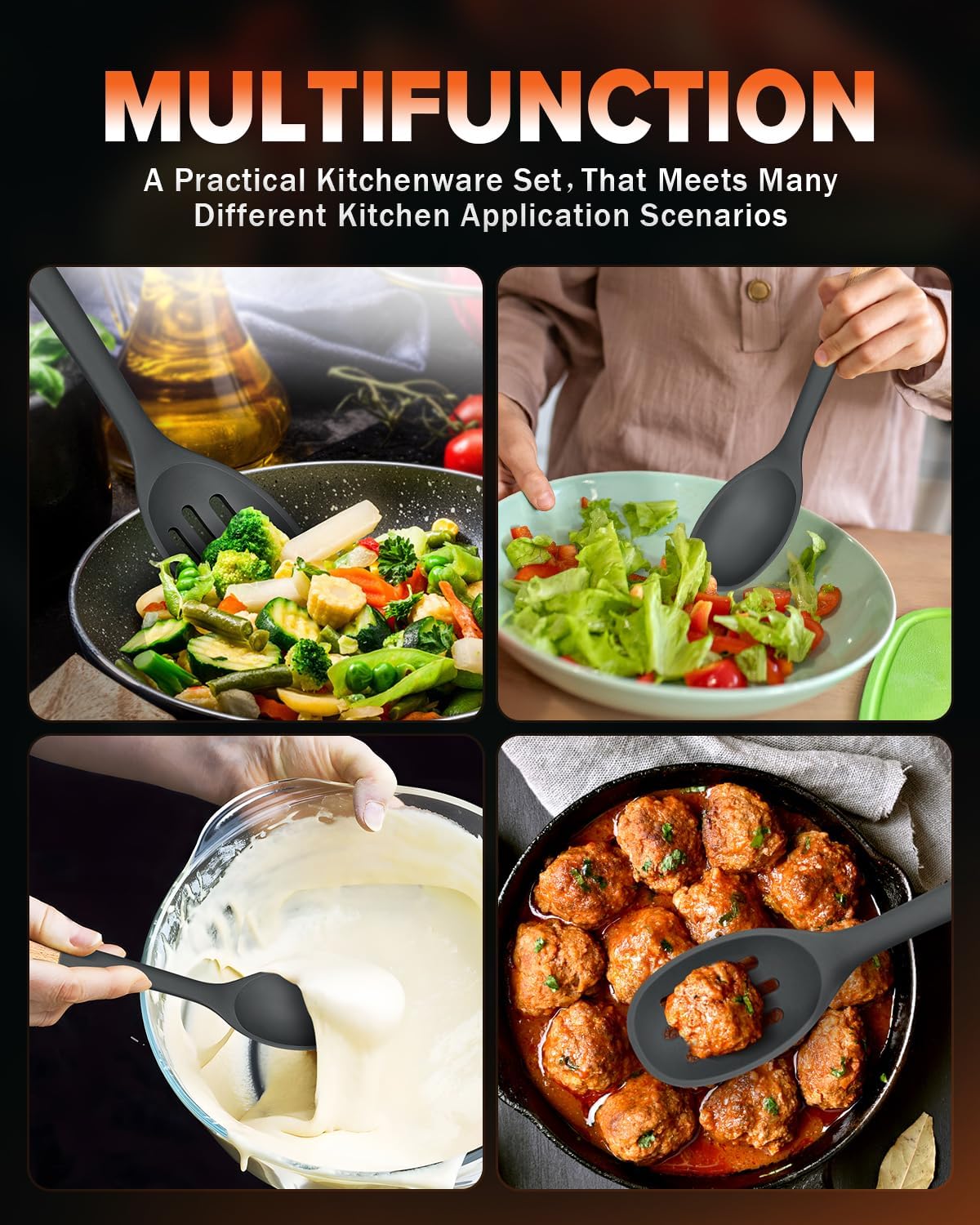 Silicone Cooking Spoons, Great for Scooping Sides and Serving Hearty Stews, BPA-Free Matte Silicone, Wooden Handle Serving Spoon for Nonstick Cooking Surfaces (Grey)