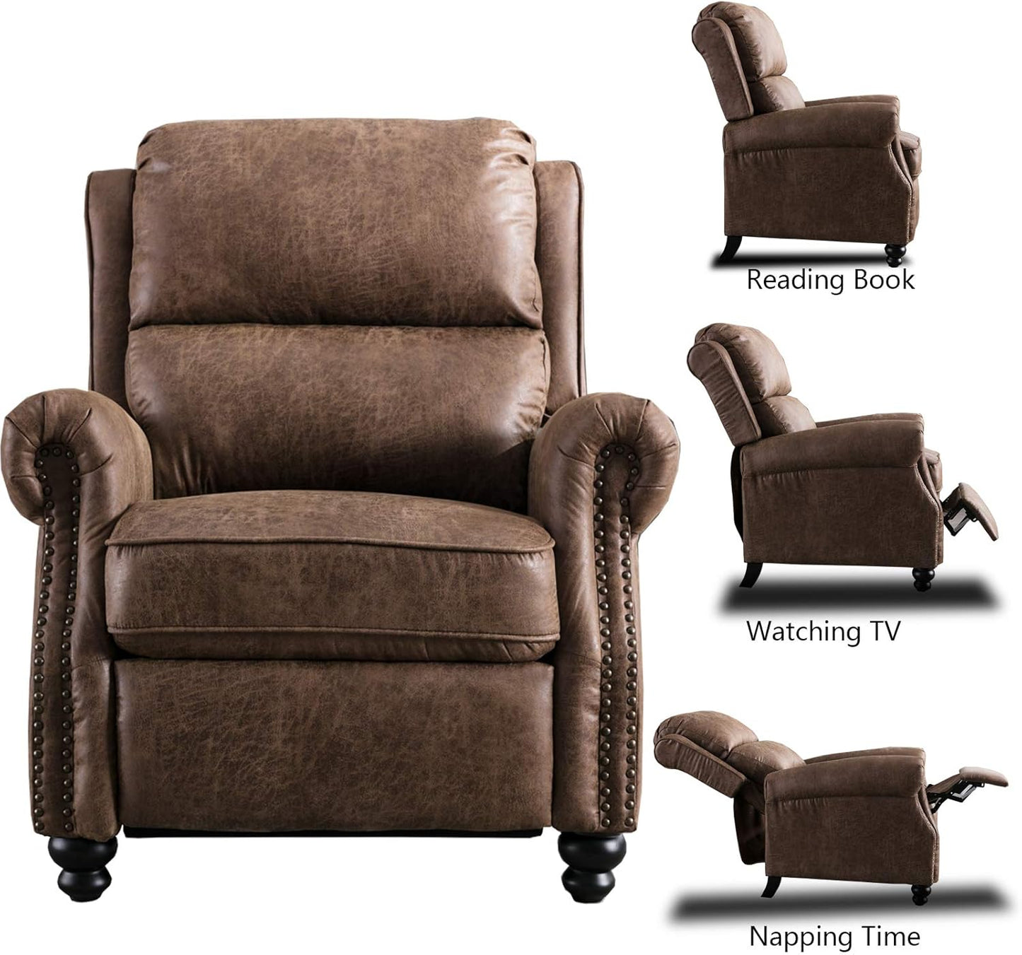 CANMOV Pushback Recliner Chair Faux Leather Armchair Push Back Recliner with Rivet Decoration Single Sofa Accent Chair for Living Room, Chocolate