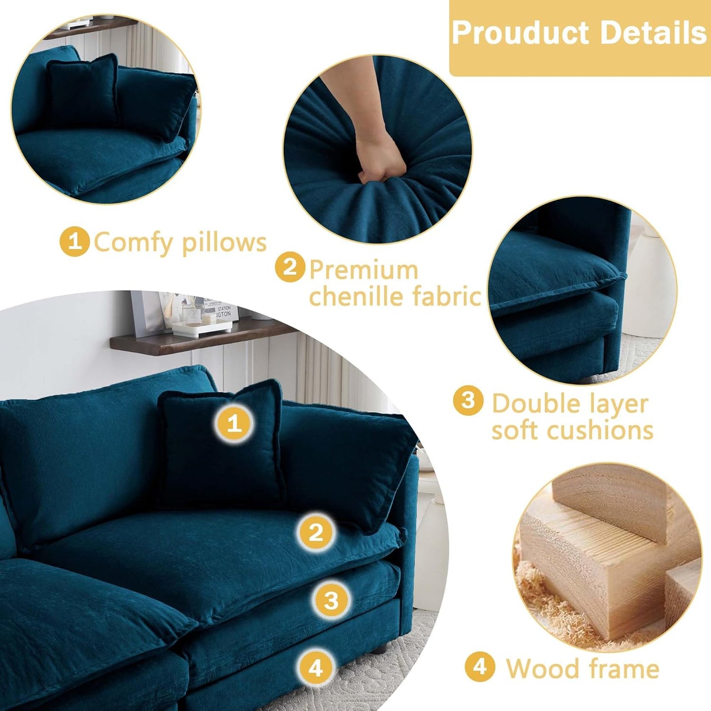 Sectional Sofa 4 Seater with Movable 1 Ottoman,Oversized Modular Couch Deep Seat (Blue, 146.5 inch-L)