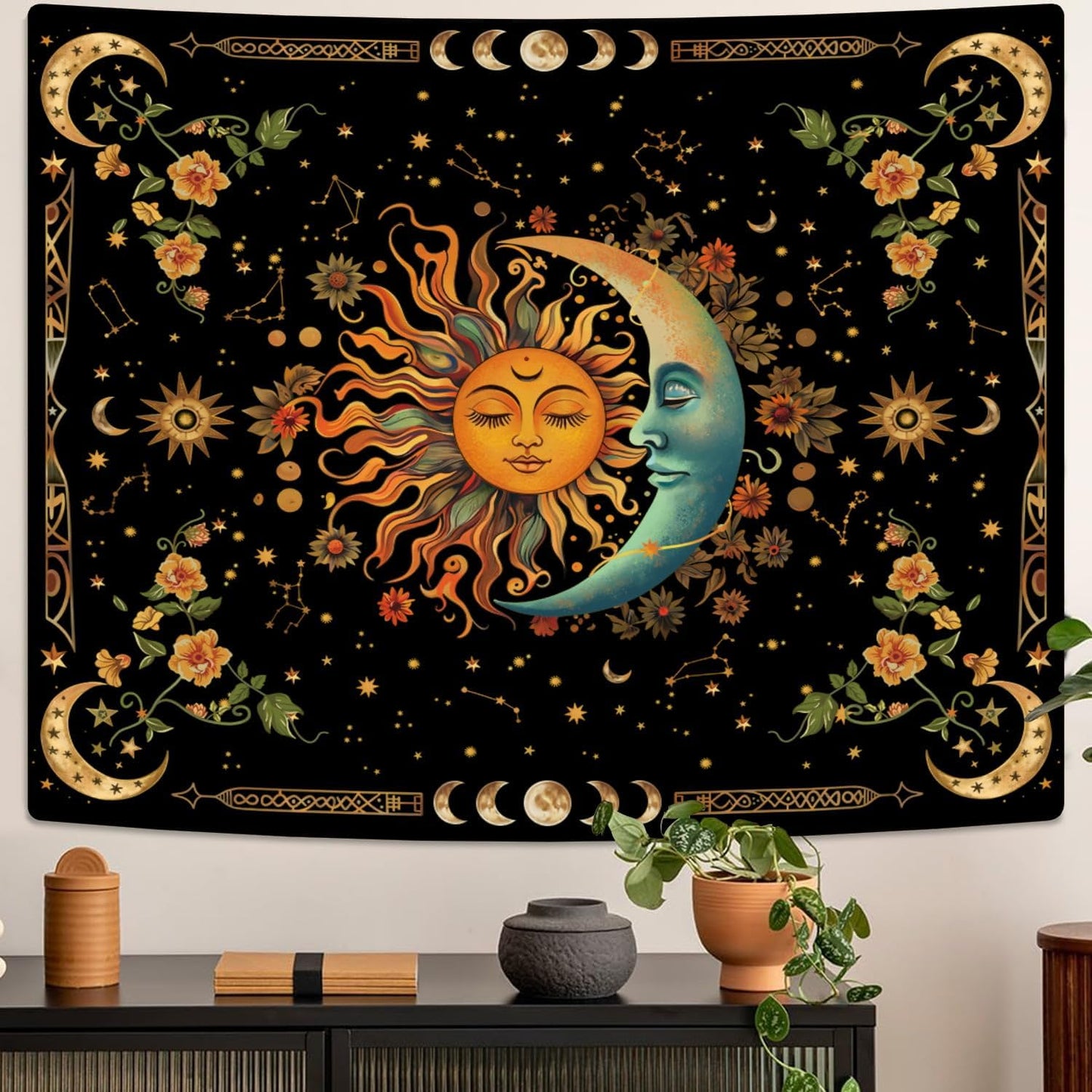 ARTCREATOR Sun and Moon Tapestry Astrology Space Wall Hanging Boho Hippie Floral Plant Tapestries Aesthetic Vintage Mandala Flower Decor for Living Room Bedroom (29" x 37")