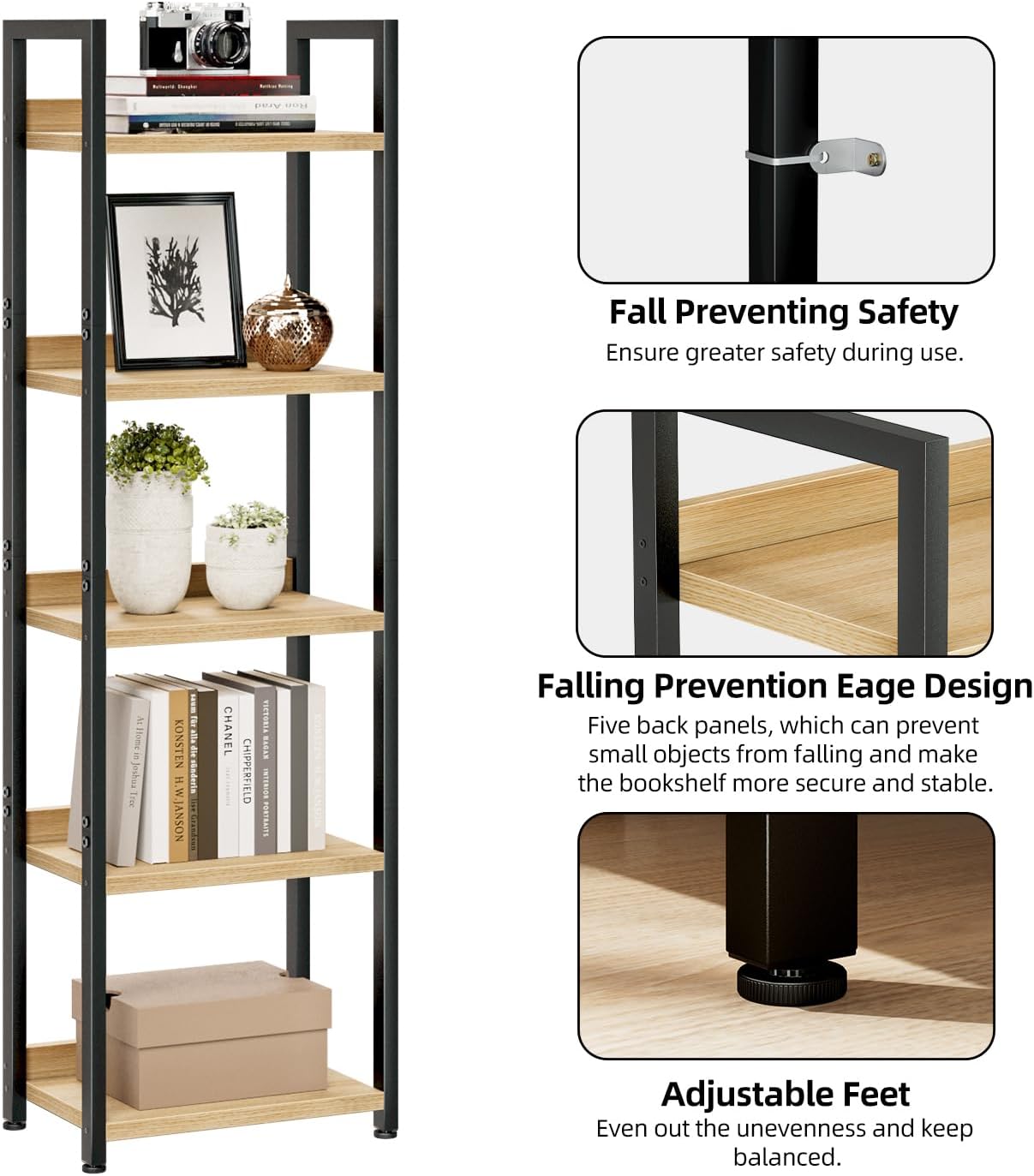 NUMENN Narrow Bookshelf, 5 Tier Bookshelves, Home Office Bookcase Shelf Storage Organizer, Free Standing Storage Shelving Unit for Bedroom, Living Room and Home Office, Natural